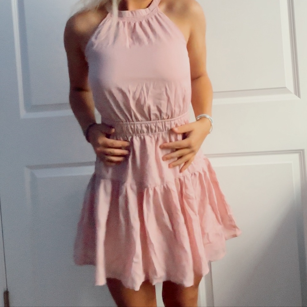 High neck cute pink mini dress